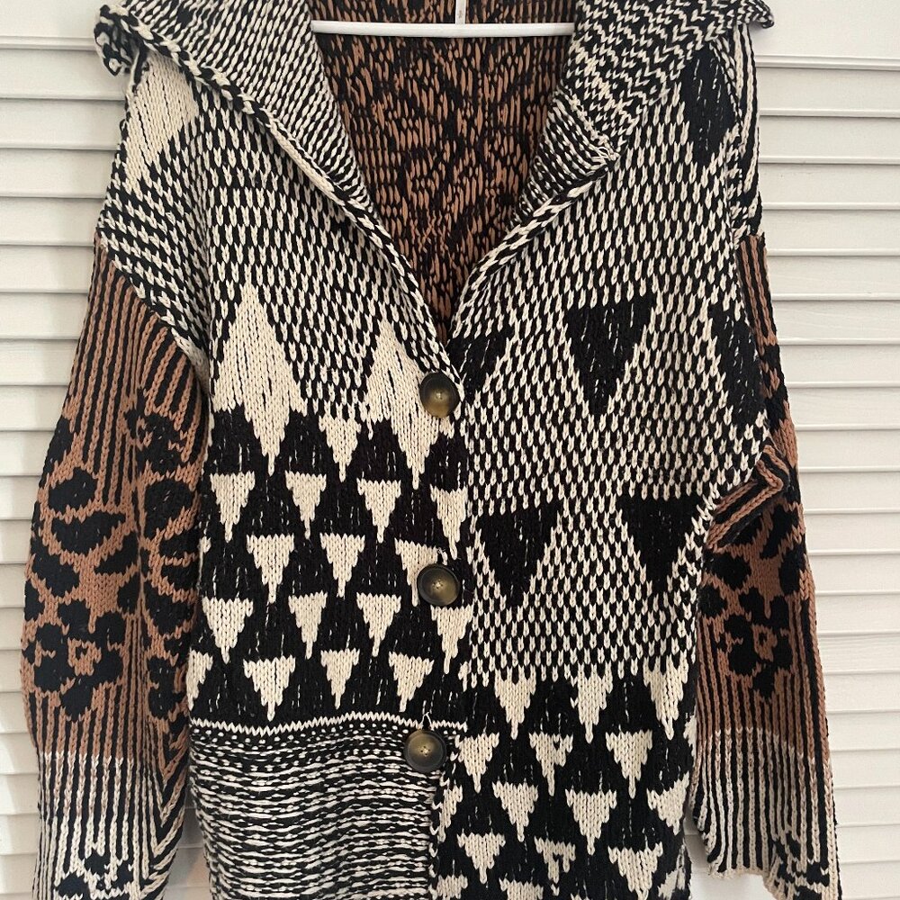 Free People Black and Brown Geometric Cardigan